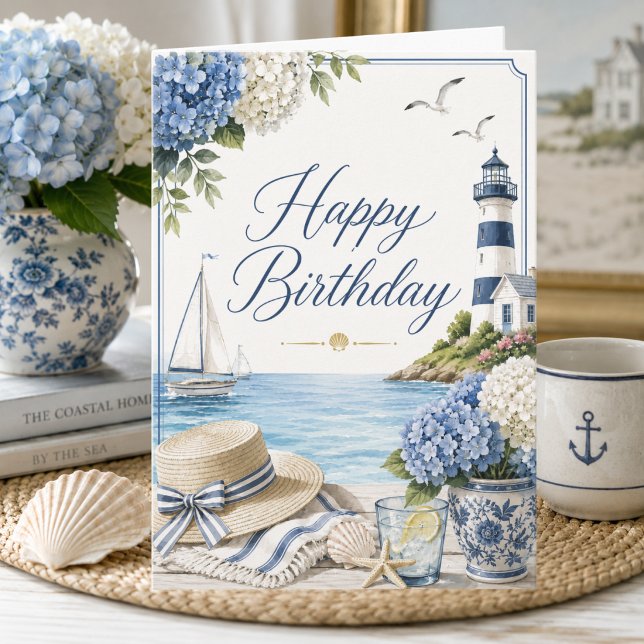 Carte Joyeux Anniversaire Elégant Etcôté Mer & Hydrangea (Créateur téléchargé)