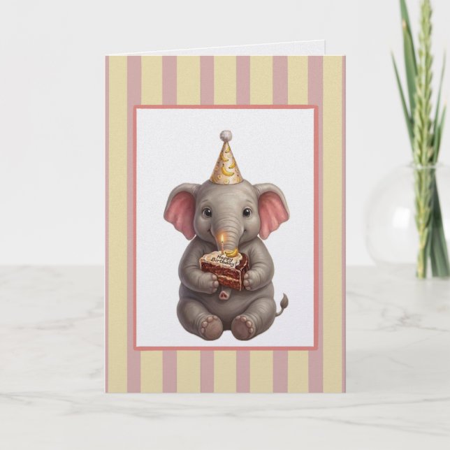 Carte Joyeux Anniversaire Éléphant Mignon avec Gâteau au (Devant)