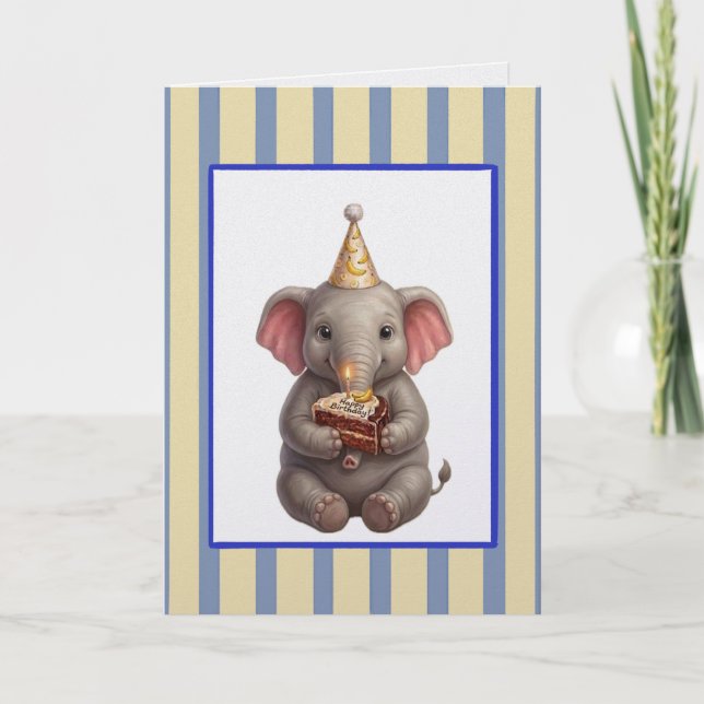 Carte Joyeux Anniversaire Éléphant Mignon avec Gâteau au (Devant)
