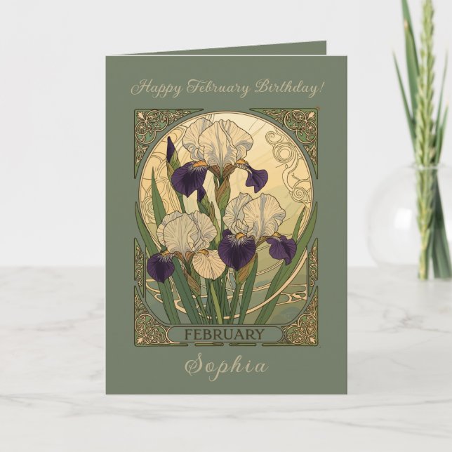Carte Joyeux anniversaire en février Iris Fleurs (Devant)