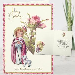 Carte Joyeux Anniversaire Enfant Jésus avec Agneau Roses