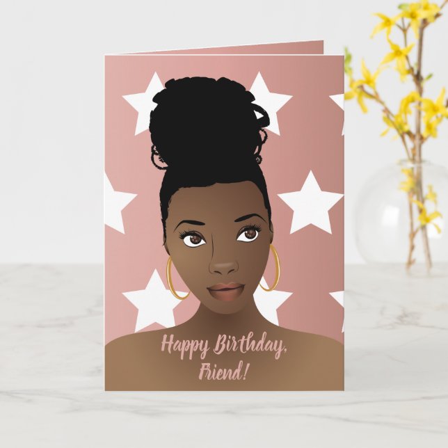 Carte Joyeux anniversaire ! Femme noire, Étoiles blanche (Fleur jaune)
