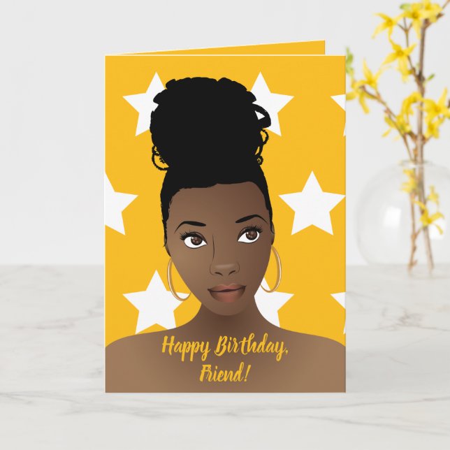 Carte Joyeux anniversaire ! Femme noire, Étoiles blanche (Fleur jaune)