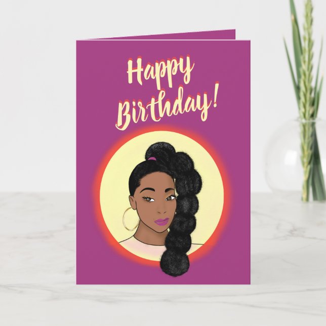 Carte Joyeux anniversaire ! Femme noire, High Puff Ponyt (Devant)