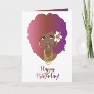 Carte Joyeux anniversaire ! Femme noire, rose et violet 