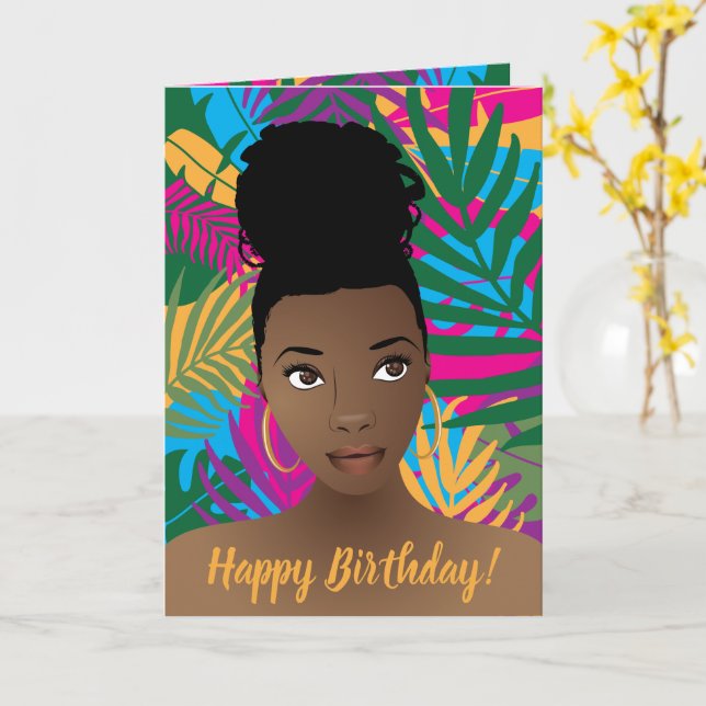 Carte Joyeux anniversaire ! Femme noire, Tropical coloré (Fleur jaune)