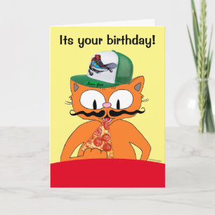 Carte Joyeux Anniversaire Fête Pizza Dessin Animé Chat D