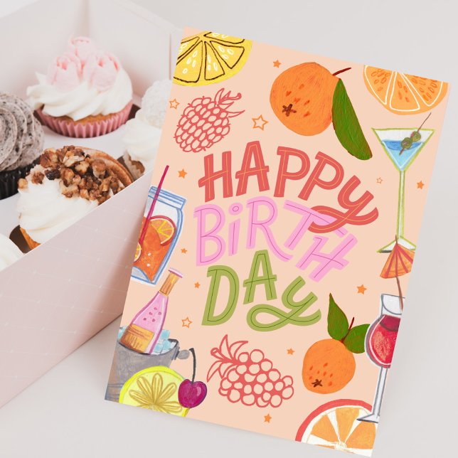 Carte Joyeux Anniversaire Fête Tropicale de Fruits et Co (Happy Birthday Tropical Fruit and Cocktail Party Card)