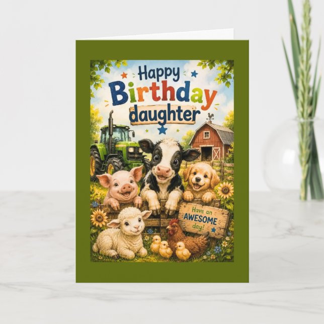 Carte Joyeux Anniversaire Fille Animaux de la Ferme  (Devant)