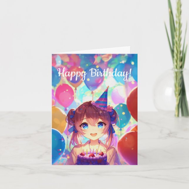 Carte Joyeux Anniversaire Fille Anime Avec Gâteau (Devant)