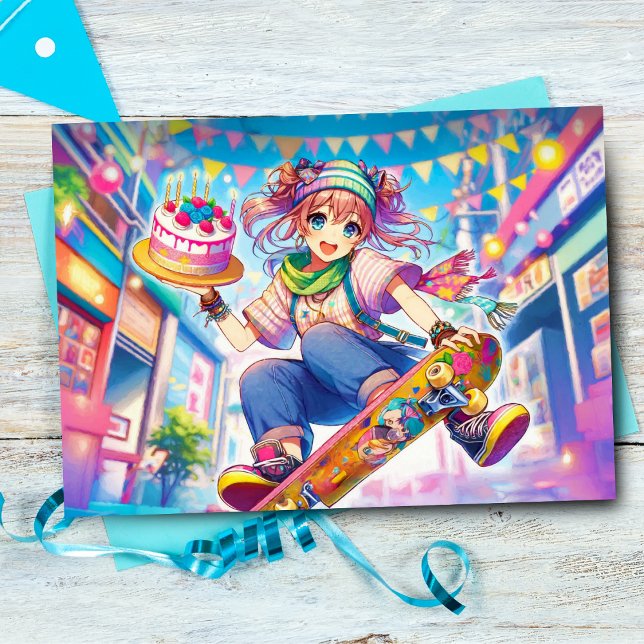 Carte Joyeux Anniversaire Fille Anime Sur Skateboard (A anime birthday with skateboard girl! )