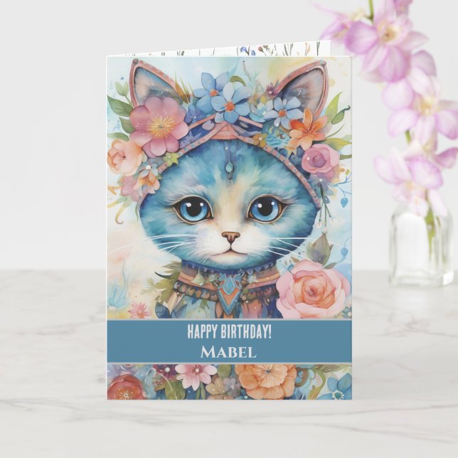 Carte Joyeux anniversaire fille bleu chat larges yeux Fl (Orchidée)