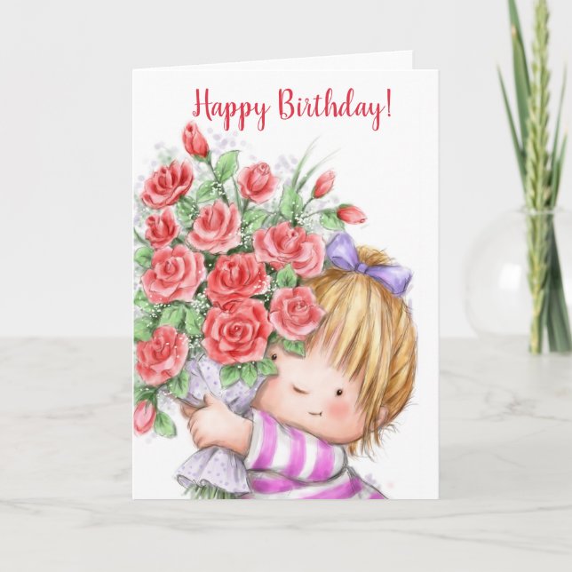 Carte Joyeux anniversaire, fille mignonne avec des fleur (Devant)