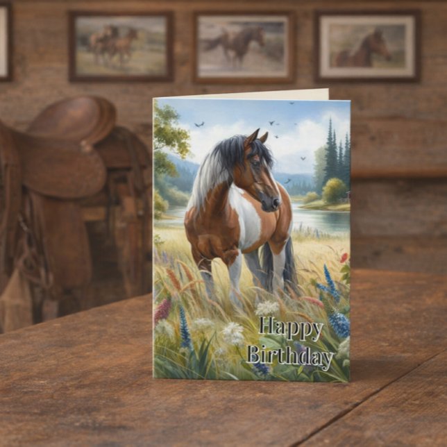 Carte Joyeux Anniversaire Fille qui aime les Chevaux  (Western birthday card with horse in meadow, saddle and framed horse photos in rustic bunkhouse )