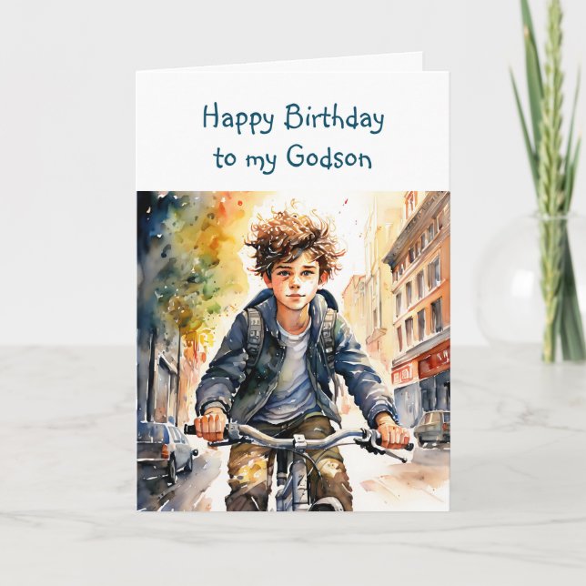 Carte Joyeux Anniversaire Filleul | Garçon à vélo en vil (Devant)