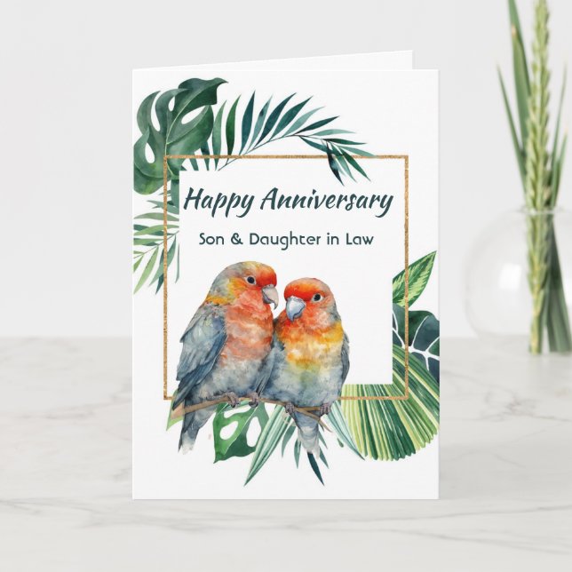 Carte Joyeux Anniversaire Fils & Belle-fille Perroquets (Devant)
