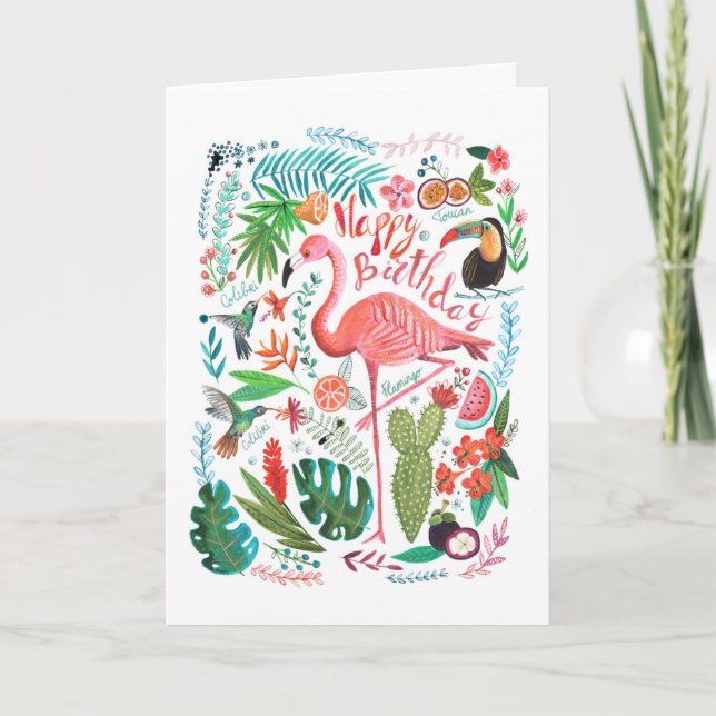 Carte Joyeux Anniversaire Flamant Tropical & Oiseaux de  (Devant)