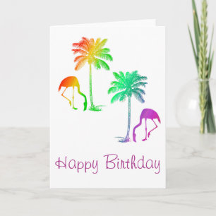 Carte Joyeux Anniversaire Flamants Palmiers Arc-en-ciel
