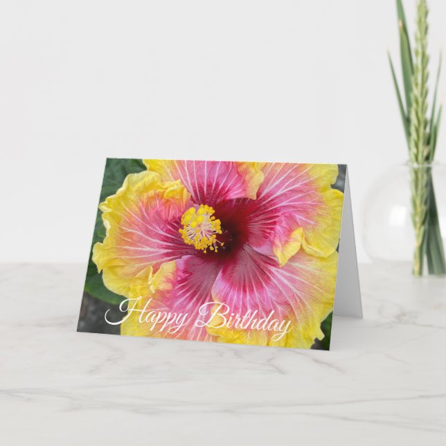 Carte Joyeux Anniversaire Fleur d'Hibiscus Rose Jaune (Devant)