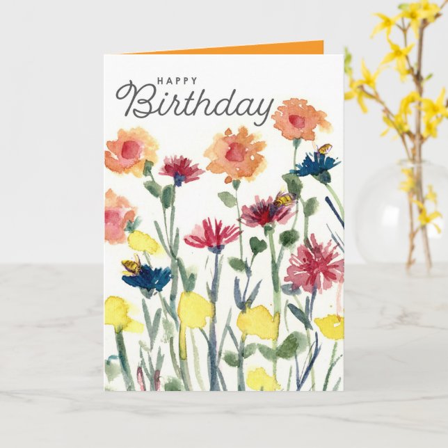 Carte Joyeux Anniversaire Fleurs Aquarelle Abeilles (Fleur jaune)