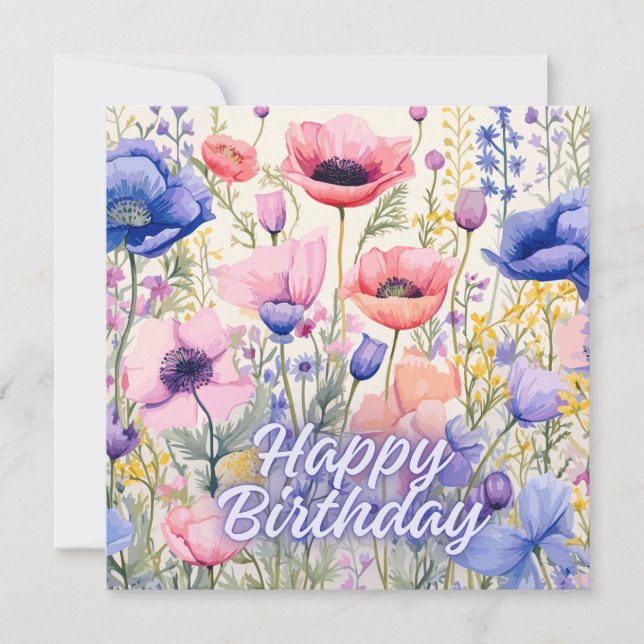 Carte Joyeux Anniversaire Fleurs de Pavot colorées (Devant)