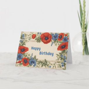 Carte Joyeux anniversaire Fleurs de pavot rouge et bleu