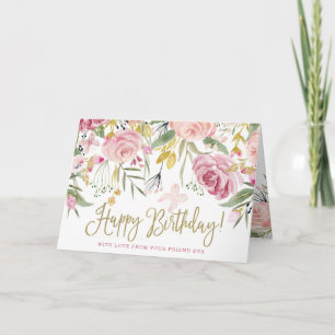 Carte Joyeux anniversaire  Fleurs d'or et de rose