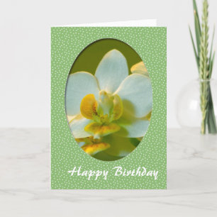 Carte Joyeux Anniversaire, fleurs d'orchidée blanche dan