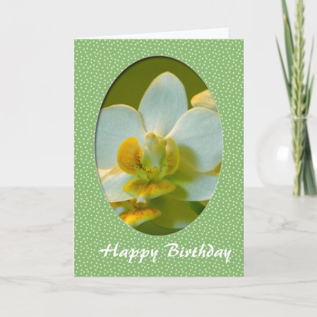 Carte Joyeux anniversaire, fleurs d'orchidées blanches e (Devant)