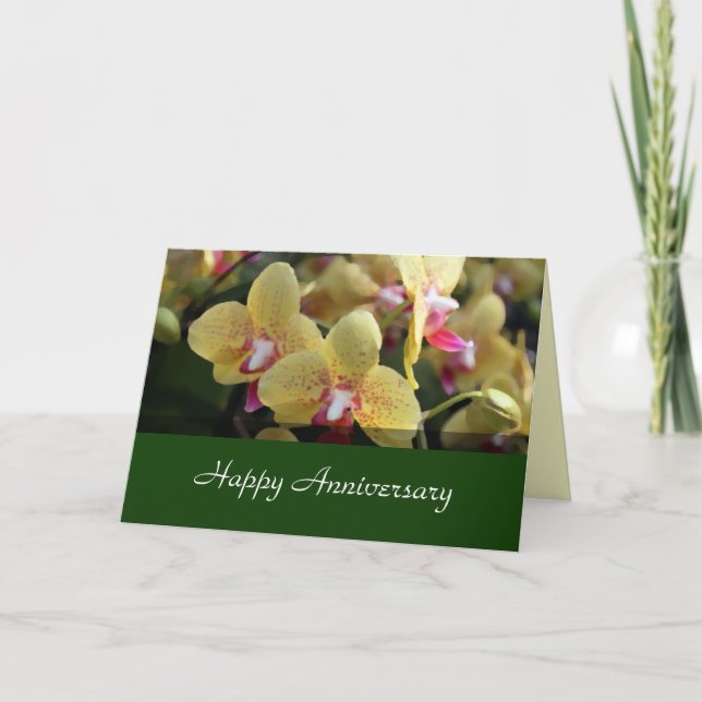 Carte Joyeux anniversaire, fleurs d'orchidées jaunes (Devant)