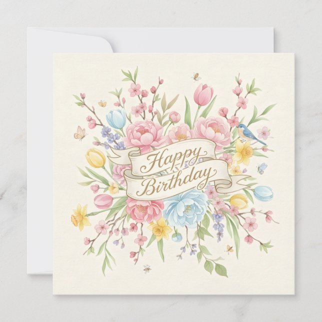 Carte Joyeux Anniversaire Fleurs et Oiseaux de Printemps (Devant)