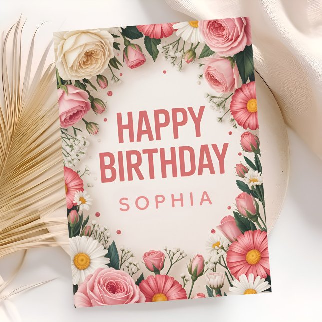 Carte Joyeux Anniversaire Fleurs Roses (Créateur téléchargé)