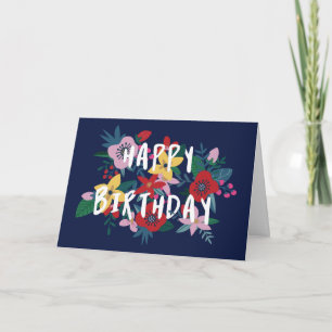 Carte Joyeux anniversaire floral bleu-foncé rouge-rose