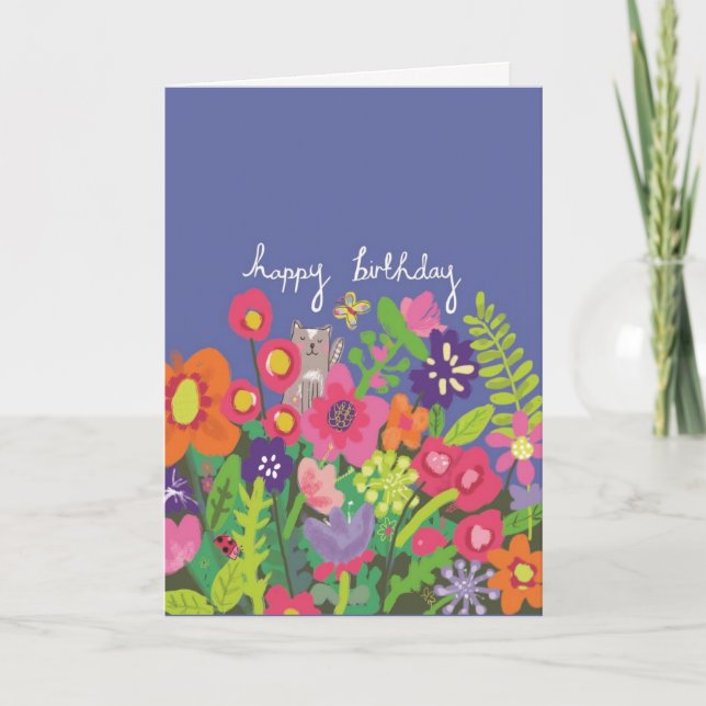 Carte Joyeux Anniversaire Floral Chat Garden (Devant)