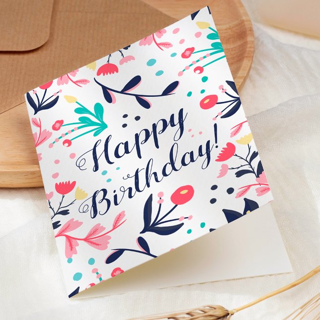 Carte Joyeux anniversaire floral en pastel tropical (Modern tropical pastel floral happy card)