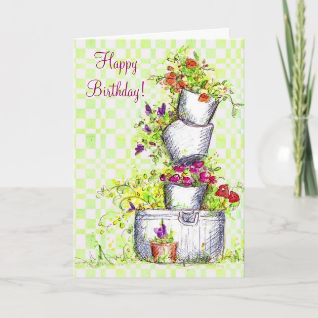 Carte Joyeux Anniversaire Flower Bucket Cottage Garden A (Devant)
