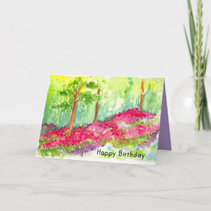 Carte Joyeux Anniversaire Flower Meadow Trees Aquarelle
