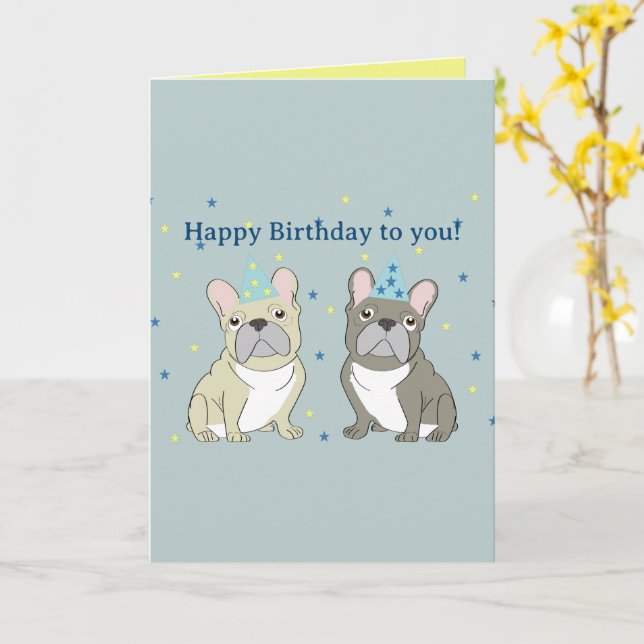 Carte Joyeux anniversaire Français, bouledogue (Fleur jaune)