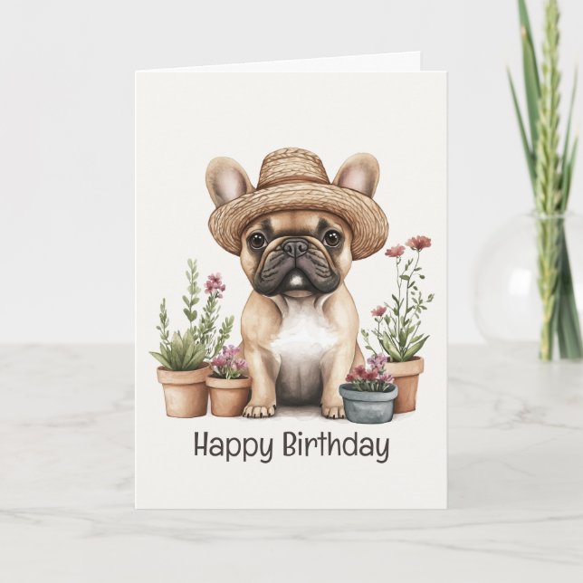 Carte Joyeux Anniversaire Français Bulldog Gardening Pot (Devant)
