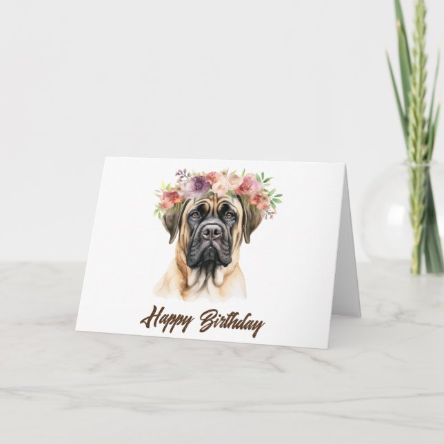 Carte Joyeux Anniversaire Français Mastiff Chien avec Fl (Devant)
