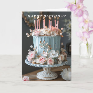 Carte Joyeux anniversaire gâteau bleu bougies fleurs pri
