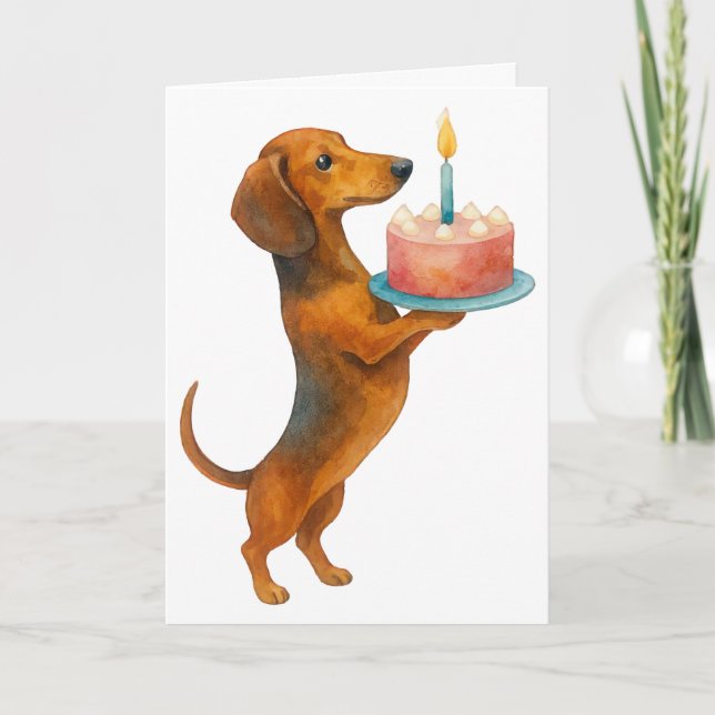 Carte Joyeux anniversaire gâteau chien teckel chiot sauc (Devant)