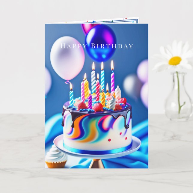 Carte Joyeux Anniversaire Gâteau Coloré Ballons  (Petite plante)