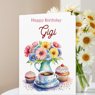 Carte Joyeux Anniversaire Gigi Fleurs et Cupcakes