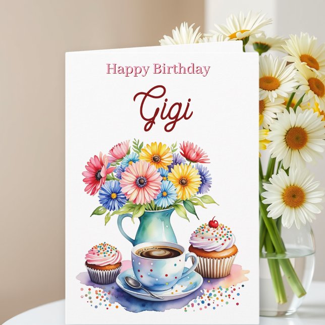Carte Joyeux Anniversaire Gigi | Fleurs et Cupcakes (Créateur téléchargé)