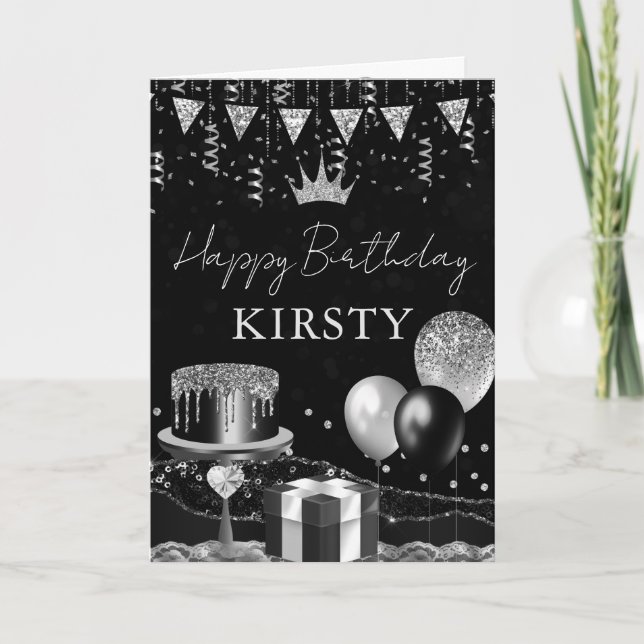 Carte Joyeux Anniversaire Glamour Noir & Argent (Devant)