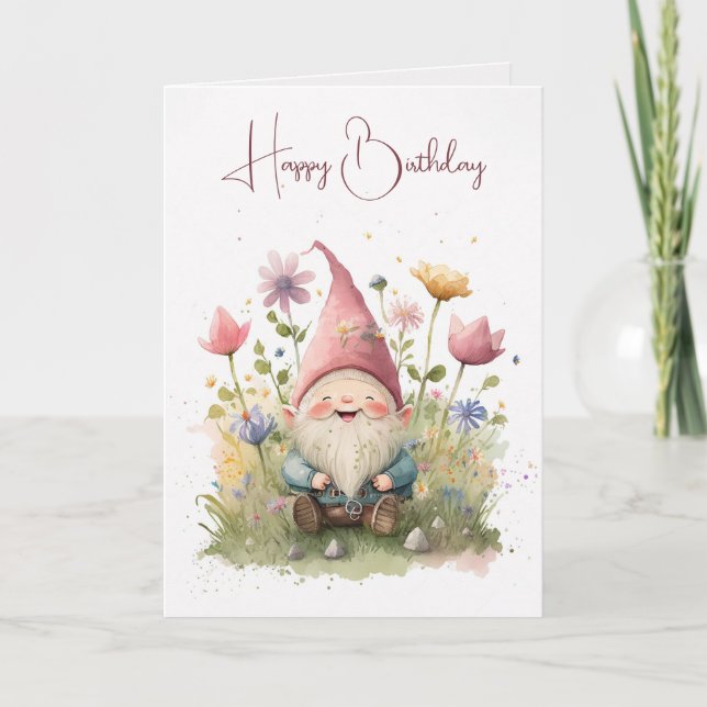 Carte Joyeux Anniversaire Gnome Dans Le Jardin (Devant)