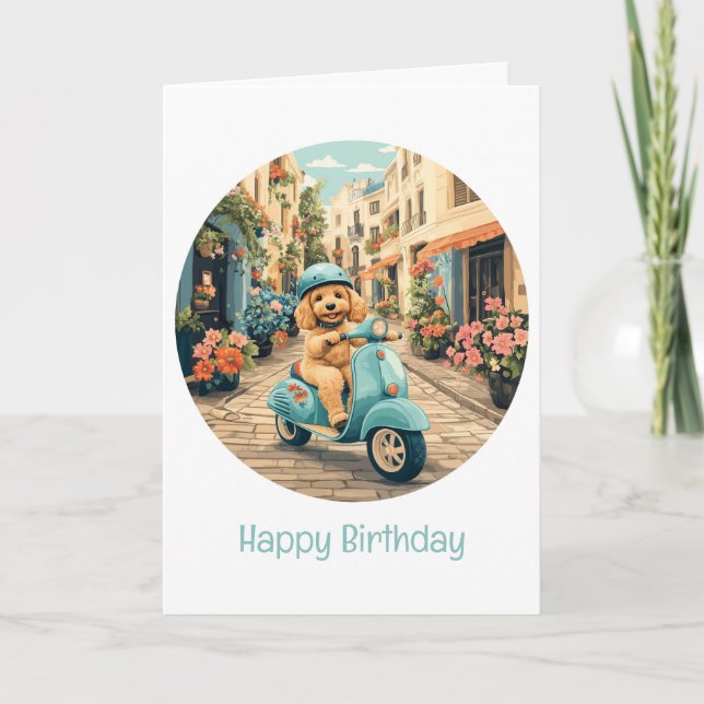 Carte Joyeux anniversaire Goldendoodle Chien équitation  (Devant)