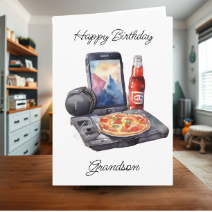 Carte Joyeux Anniversaire Grand-fils Jeu et Pizza