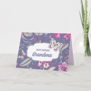 Carte Joyeux anniversaire, grand-mère. Fleurs et papillo